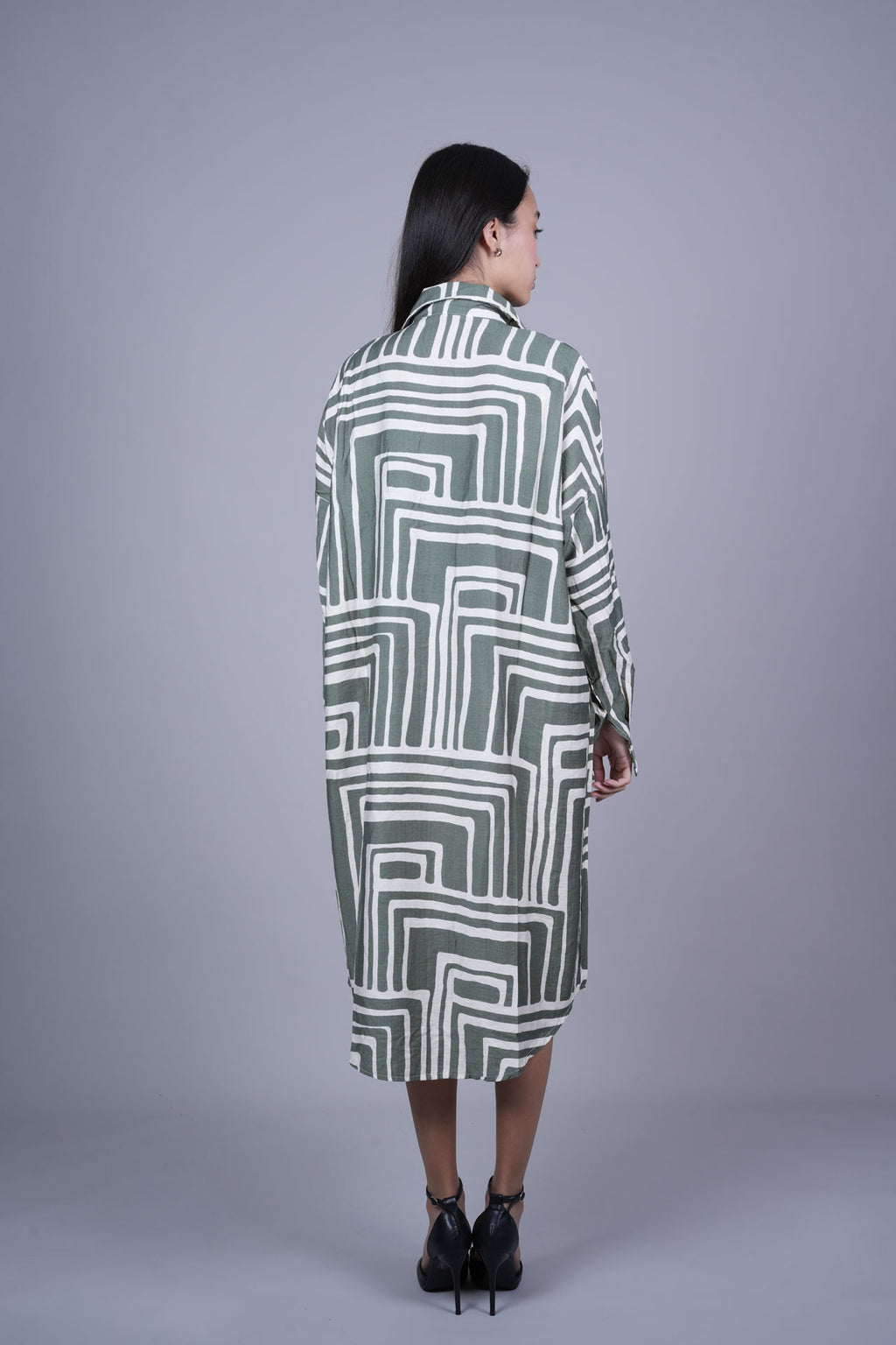 GEOMETRIC PRINT OVERSIZED MIDI SHIRT DRESS