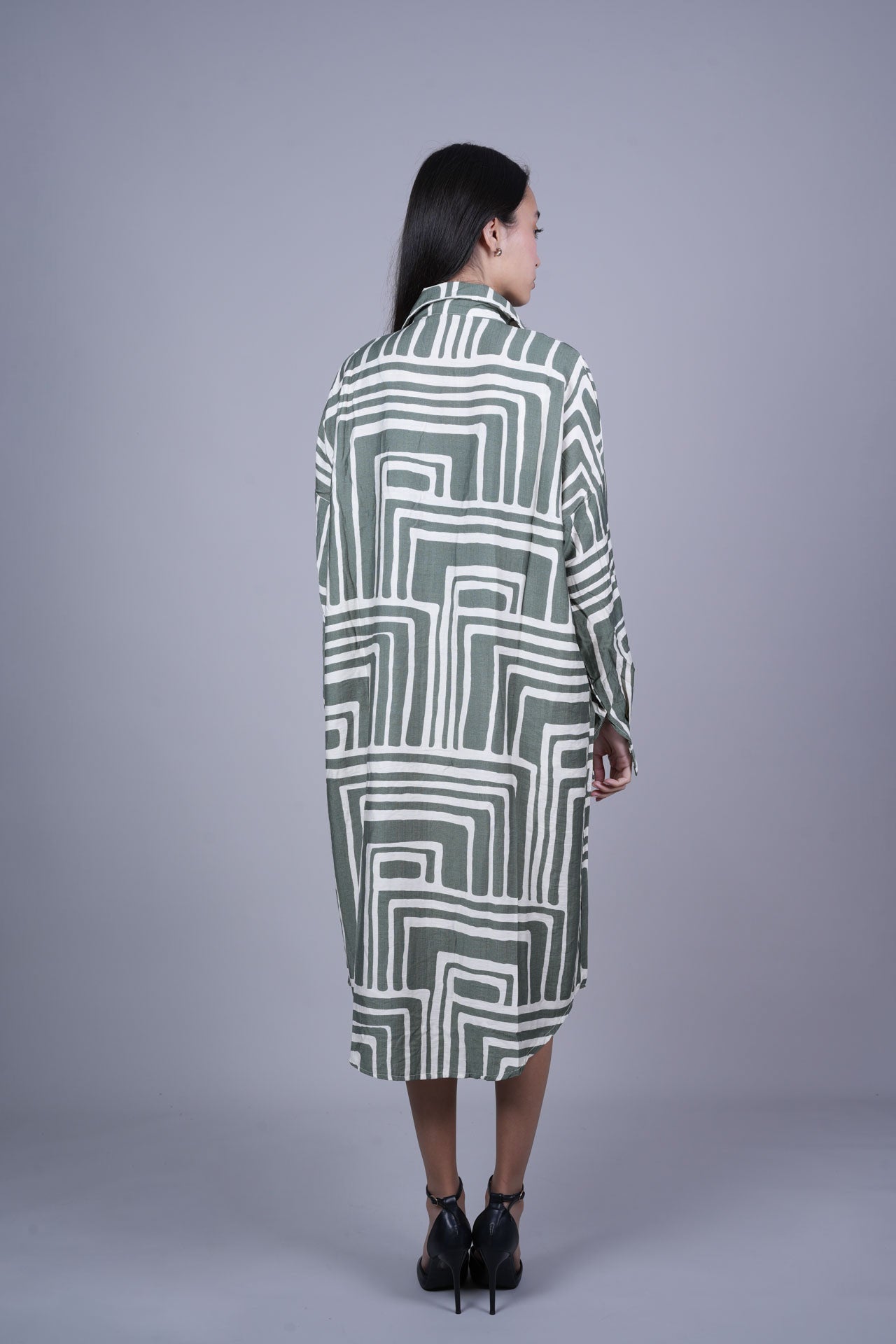 GEOMETRIC PRINT OVERSIZED MIDI SHIRT DRESS