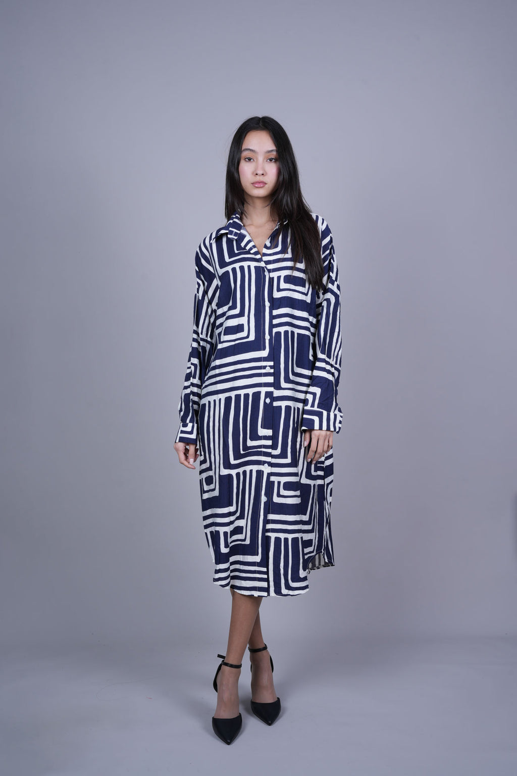 GEOMETRIC PRINT OVERSIZED MIDI SHIRT DRESS