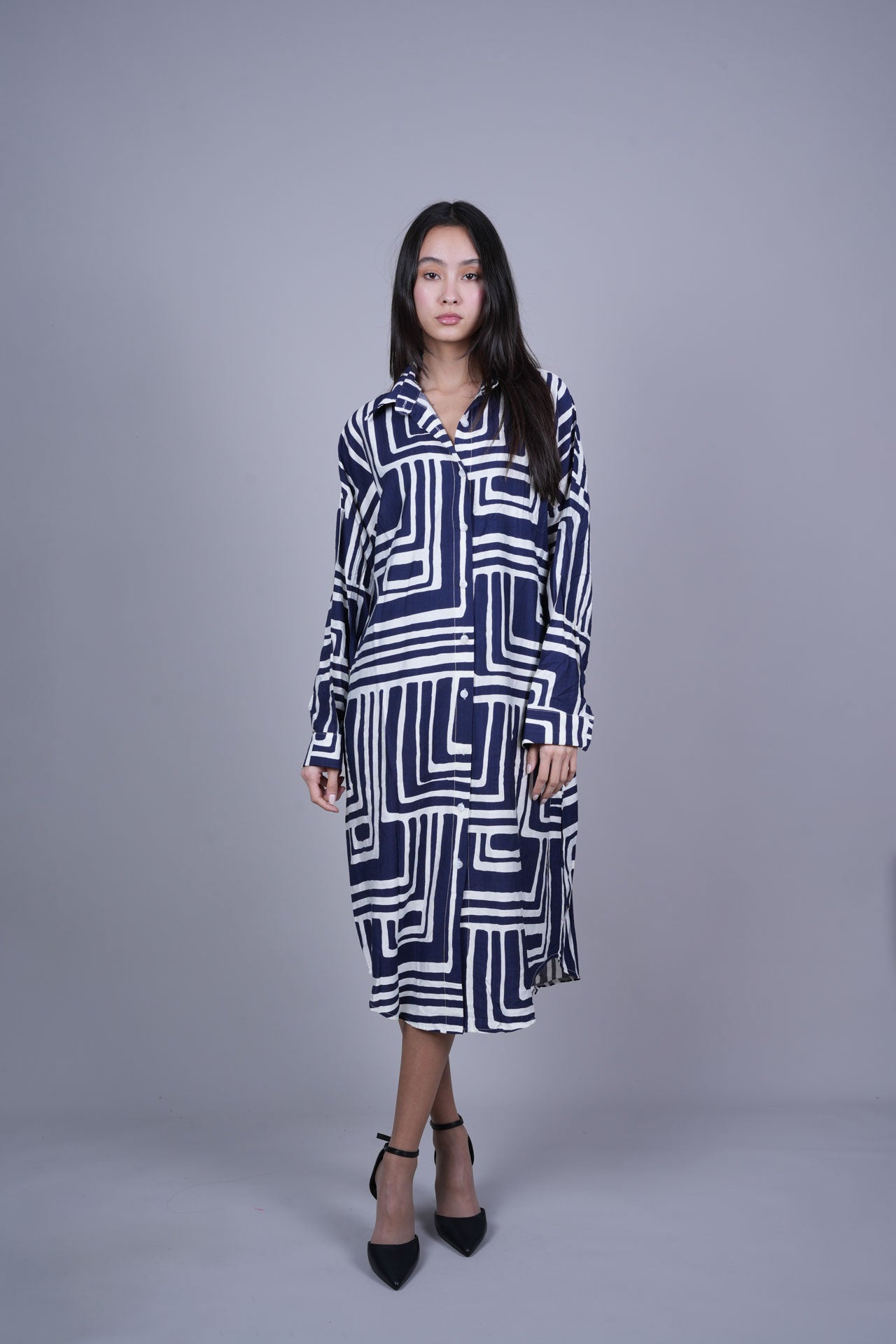 GEOMETRIC PRINT OVERSIZED MIDI SHIRT DRESS