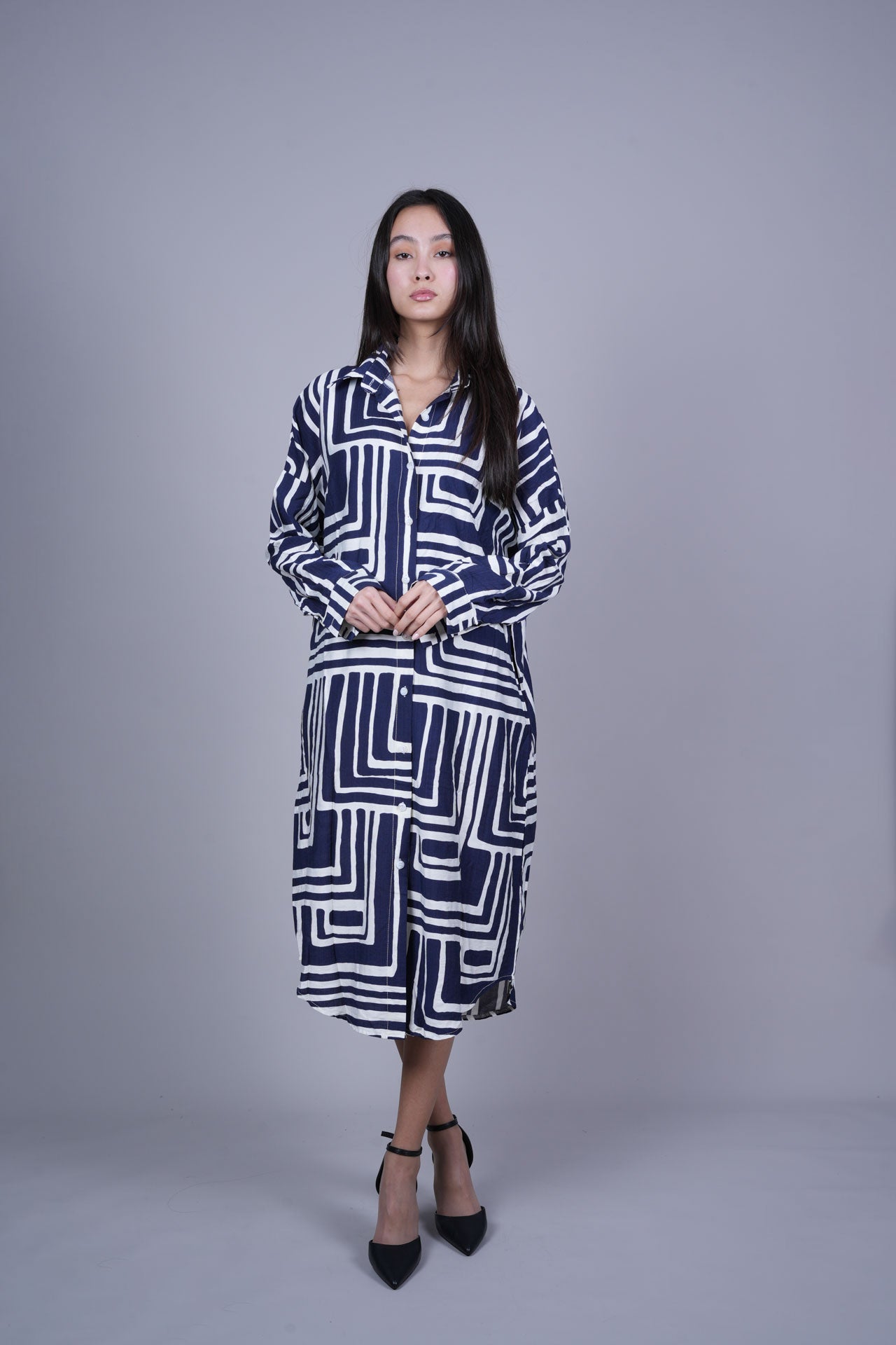 GEOMETRIC PRINT OVERSIZED MIDI SHIRT DRESS