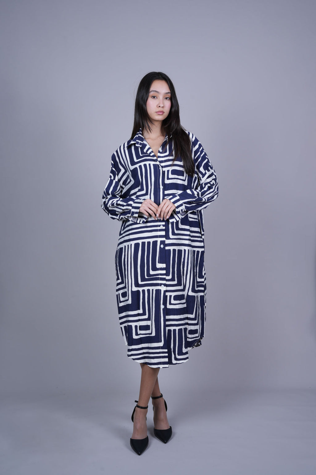 GEOMETRIC PRINT OVERSIZED MIDI SHIRT DRESS