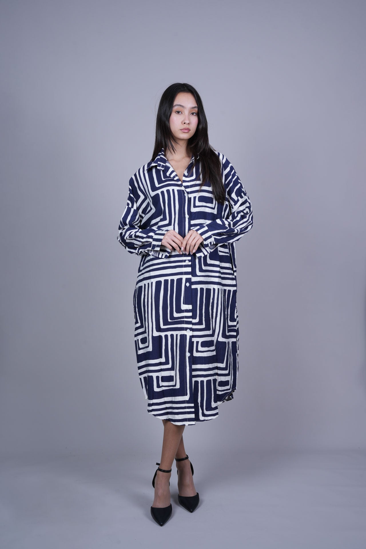 GEOMETRIC PRINT OVERSIZED MIDI SHIRT DRESS