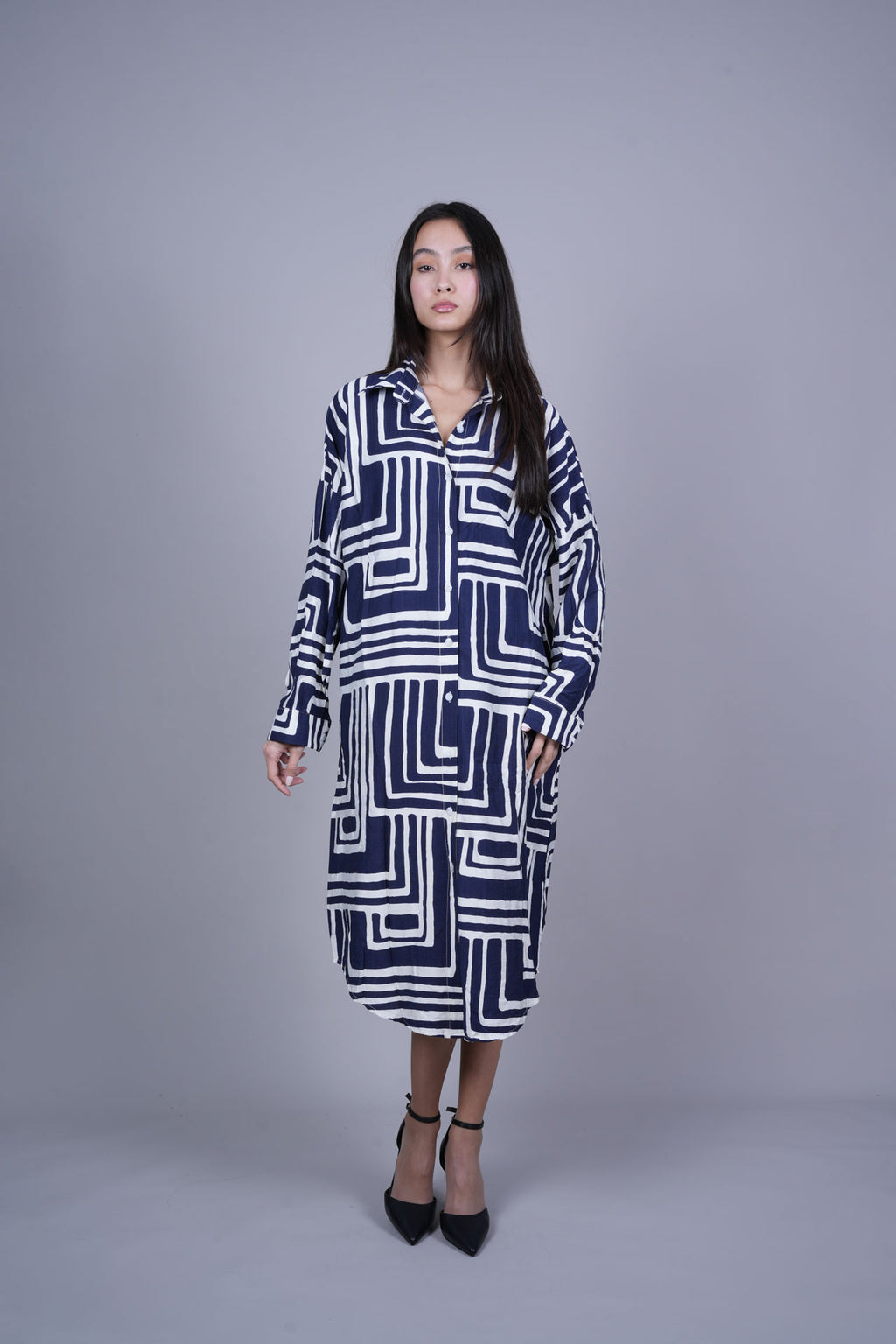 GEOMETRIC PRINT OVERSIZED MIDI SHIRT DRESS