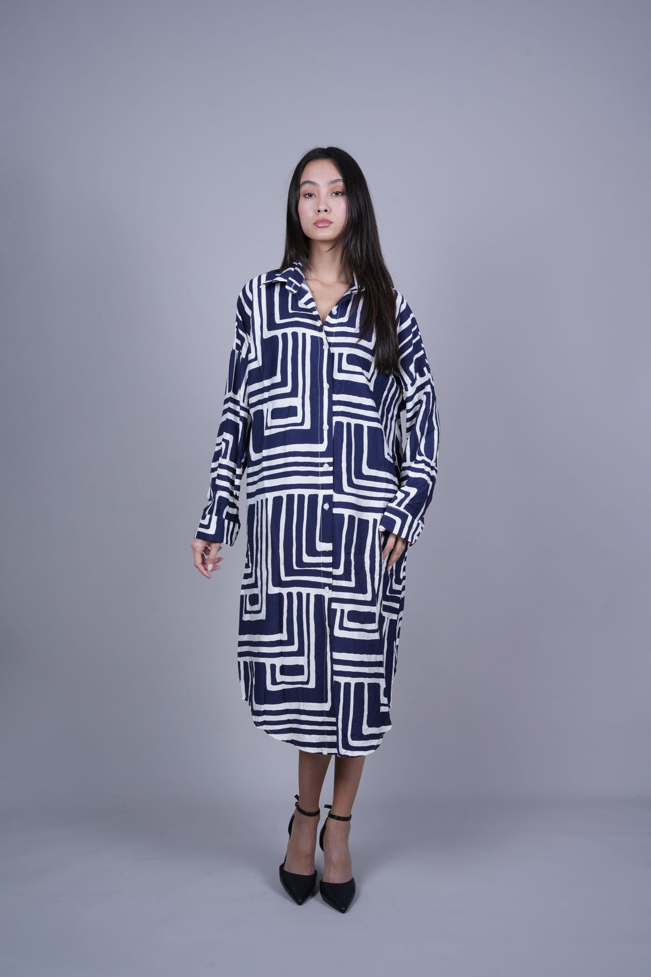 GEOMETRIC PRINT OVERSIZED MIDI SHIRT DRESS