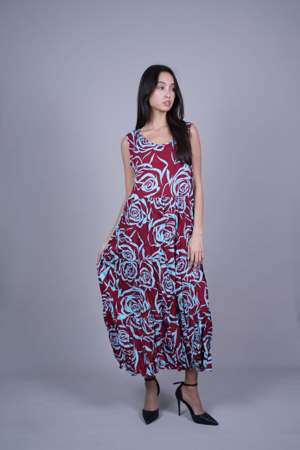 FLORAL CRINKLE SWING MAXI DRESS