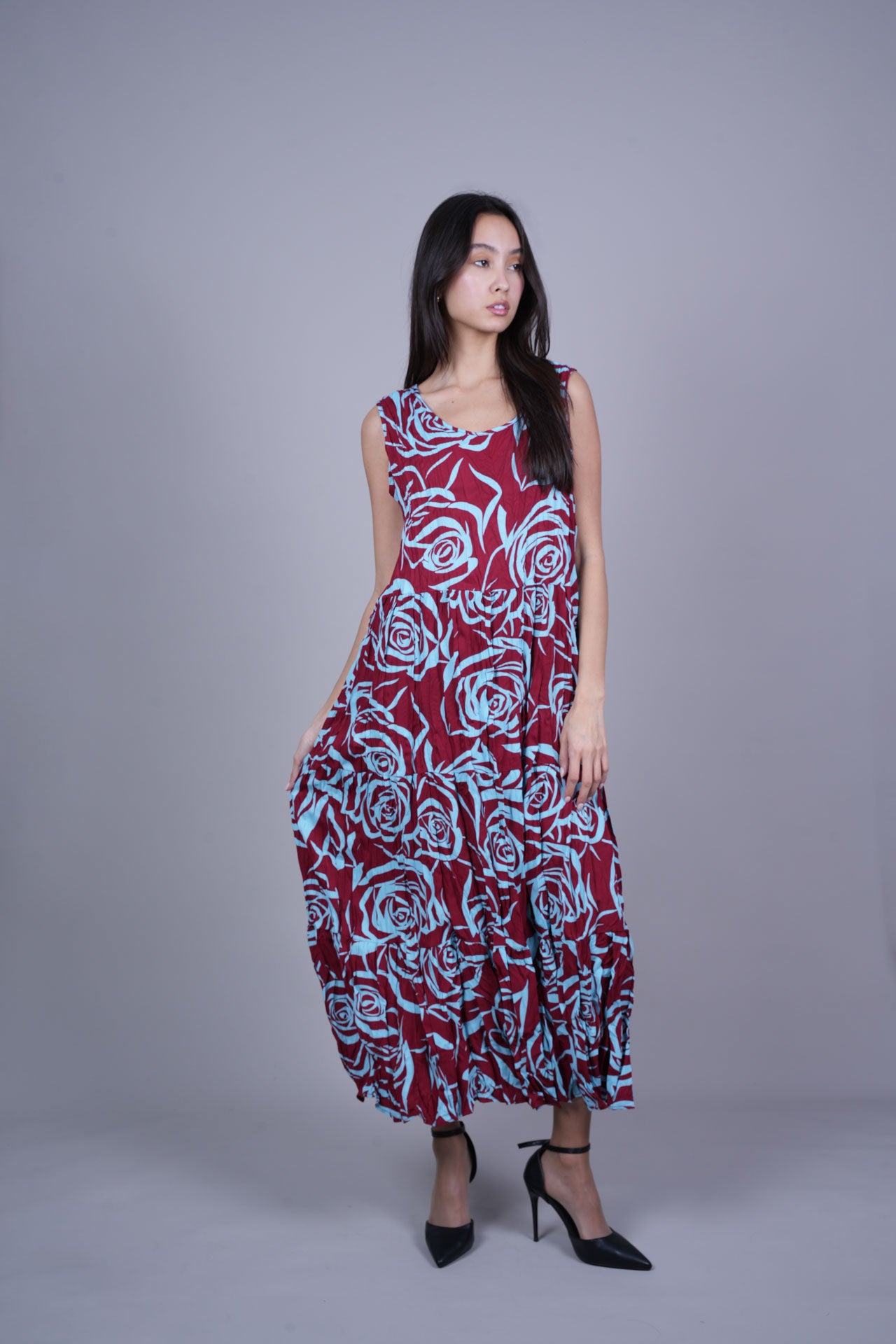 FLORAL CRINKLE SWING MAXI DRESS