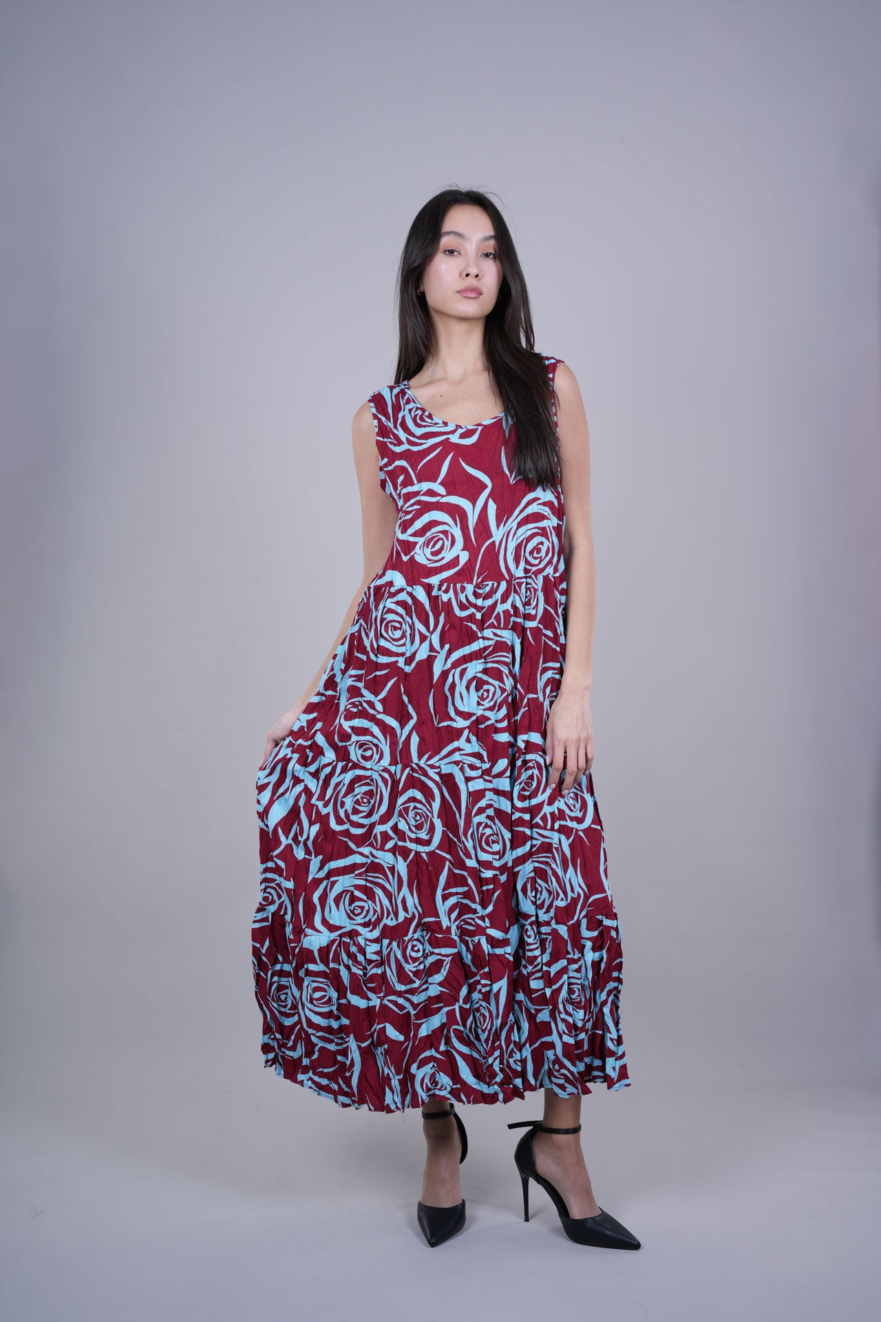 FLORAL CRINKLE SWING MAXI DRESS