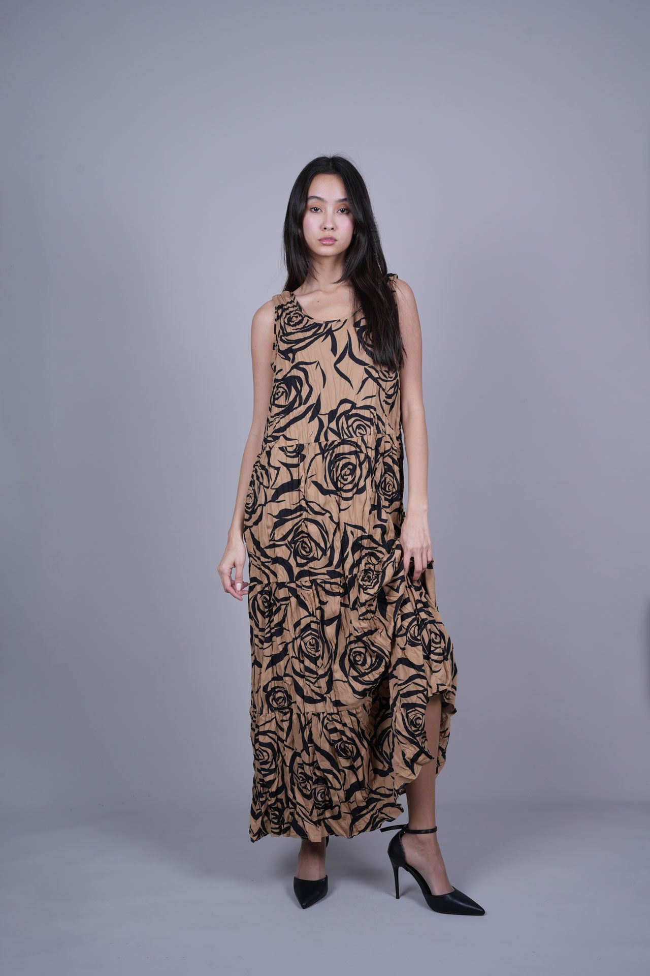 FLORAL CRINKLE SWING MAXI DRESS