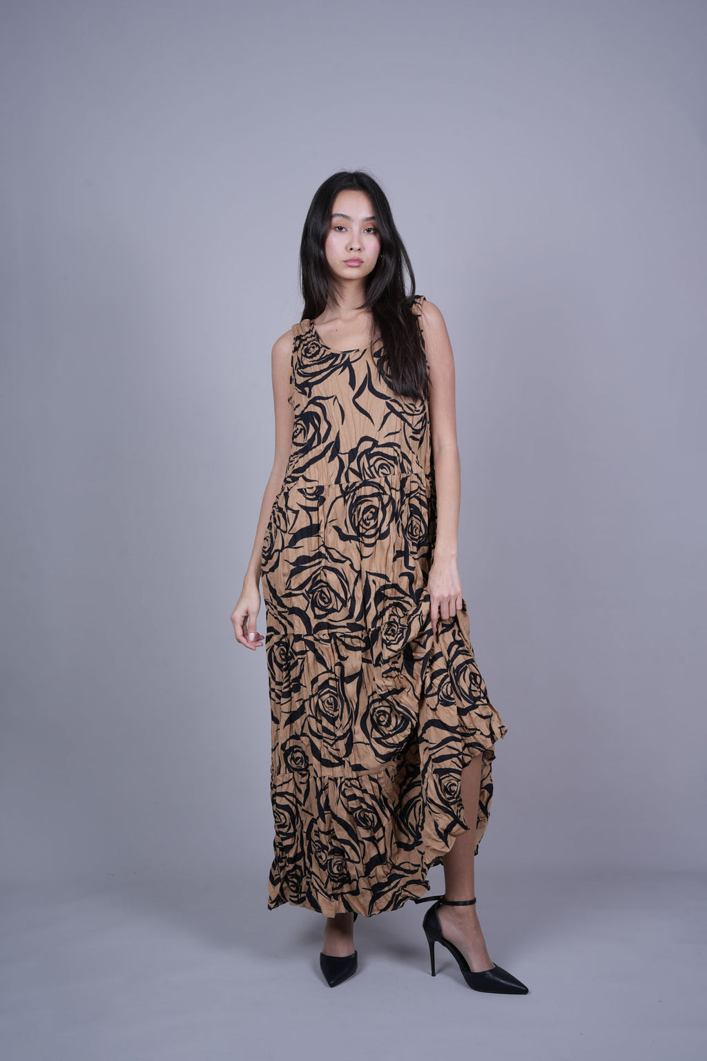 FLORAL CRINKLE SWING MAXI DRESS