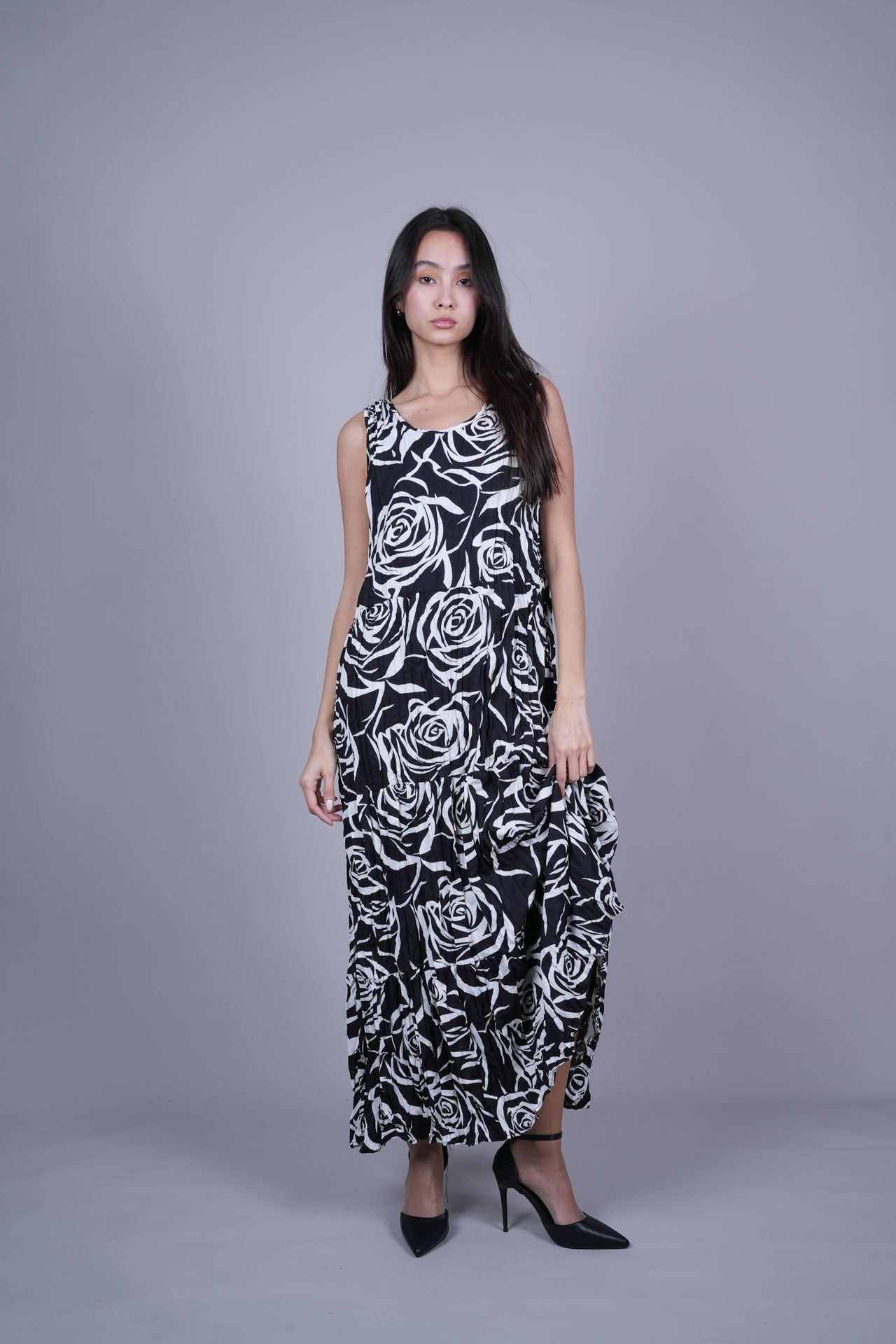 FLORAL CRINKLE SWING MAXI DRESS