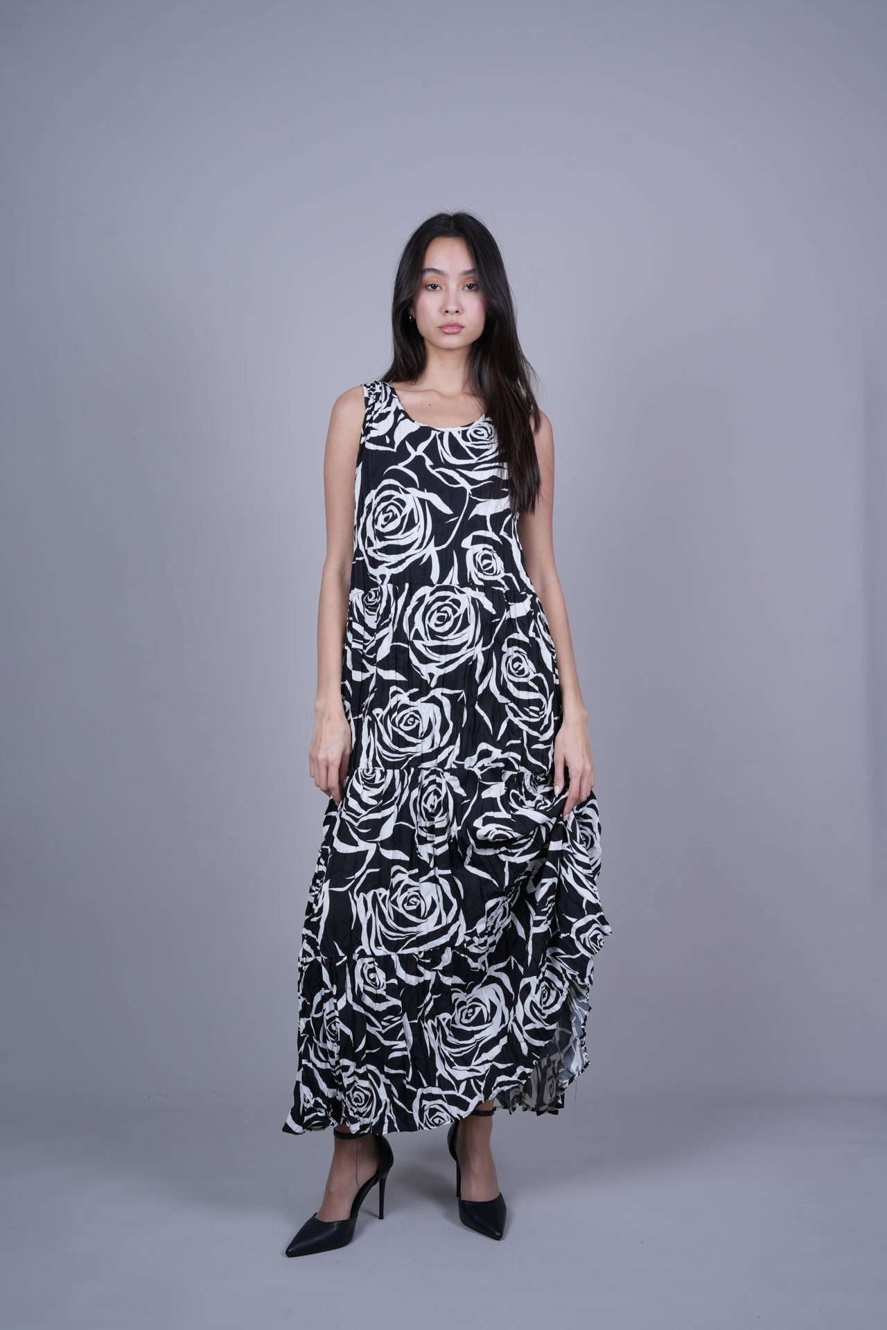 FLORAL CRINKLE SWING MAXI DRESS