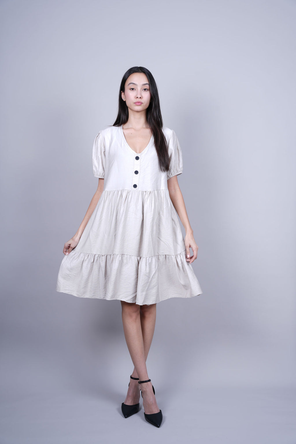 PUFF SLEEVE BUTTON FRONT DRESS