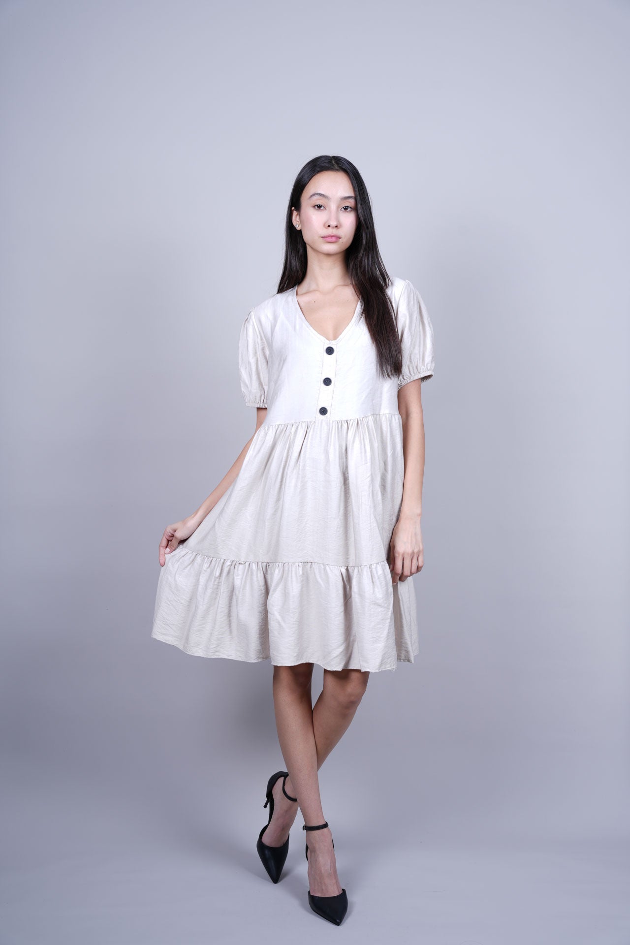PUFF SLEEVE BUTTON FRONT DRESS
