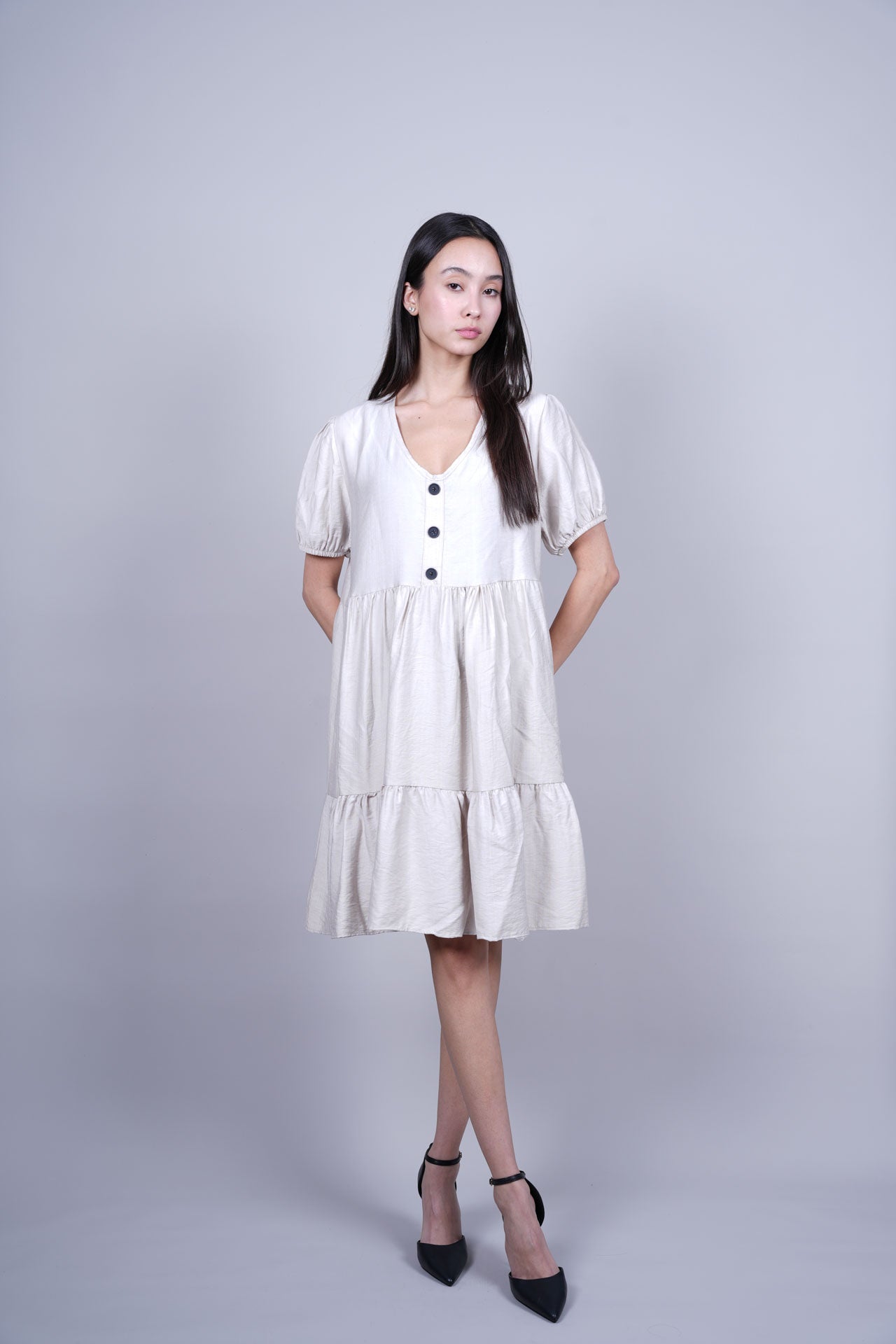 PUFF SLEEVE BUTTON FRONT DRESS