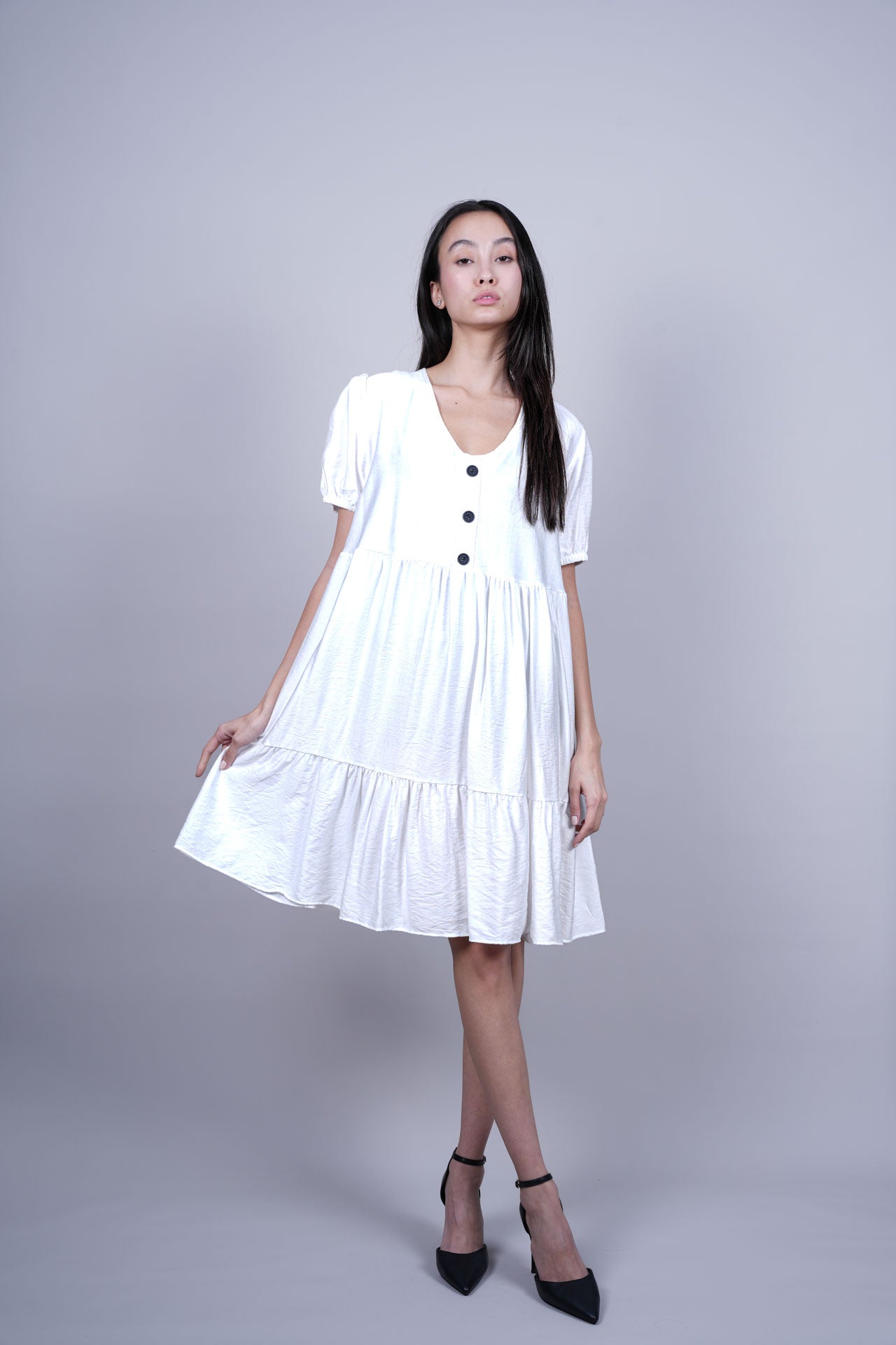 PUFF SLEEVE BUTTON FRONT DRESS