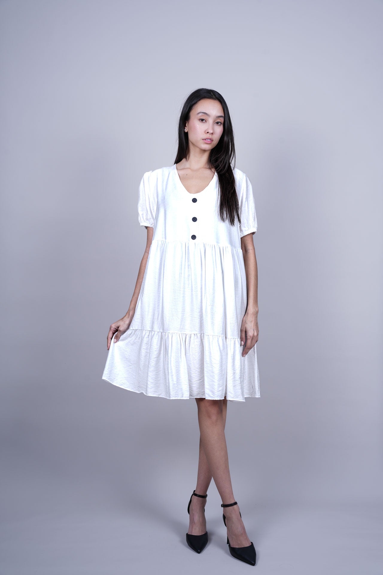 PUFF SLEEVE BUTTON FRONT DRESS