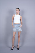 LIGHT WASH PULL-ON DENIM SHORTS