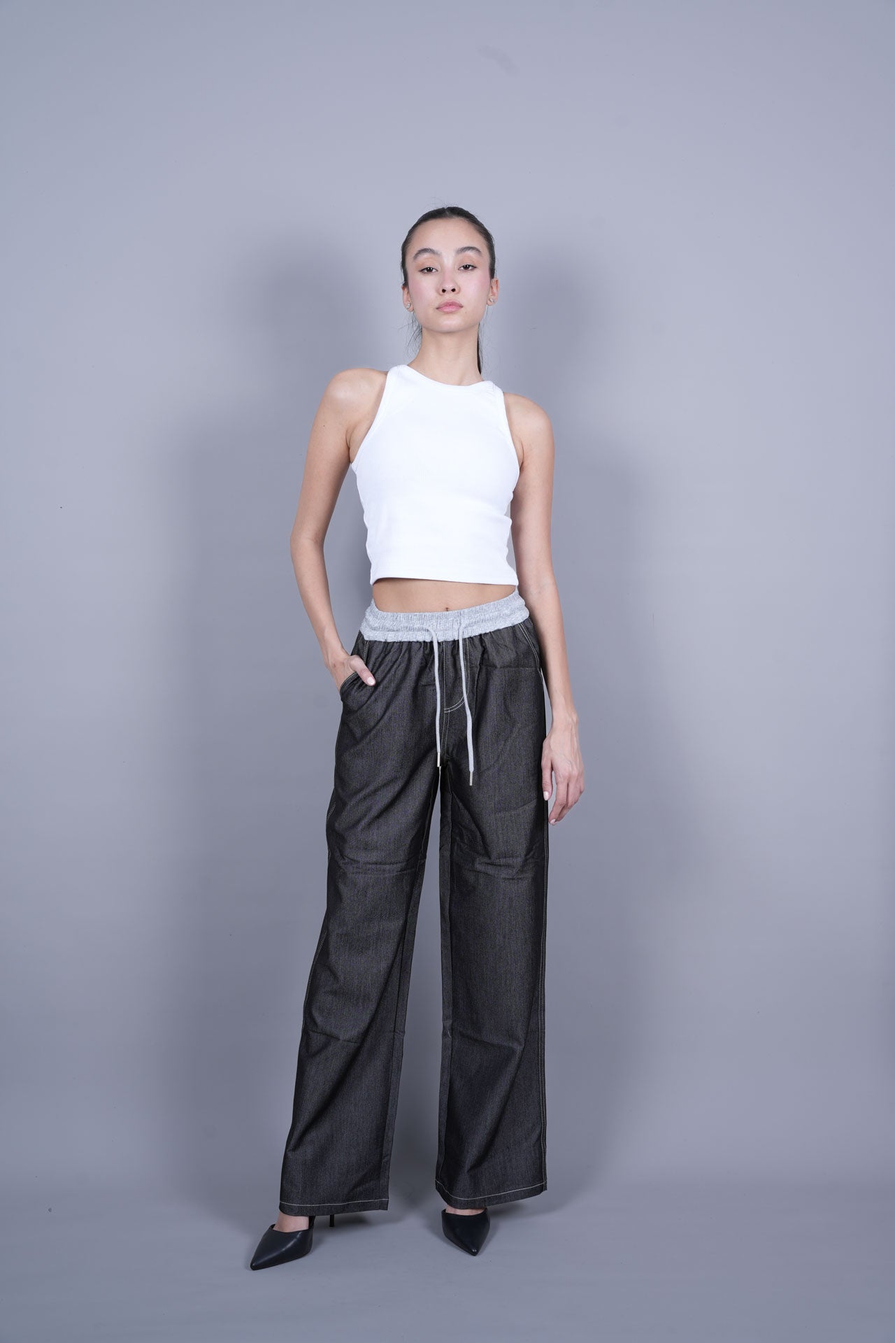 GREY ELASTIC WAIST DENIM-LOOK TROUSERS