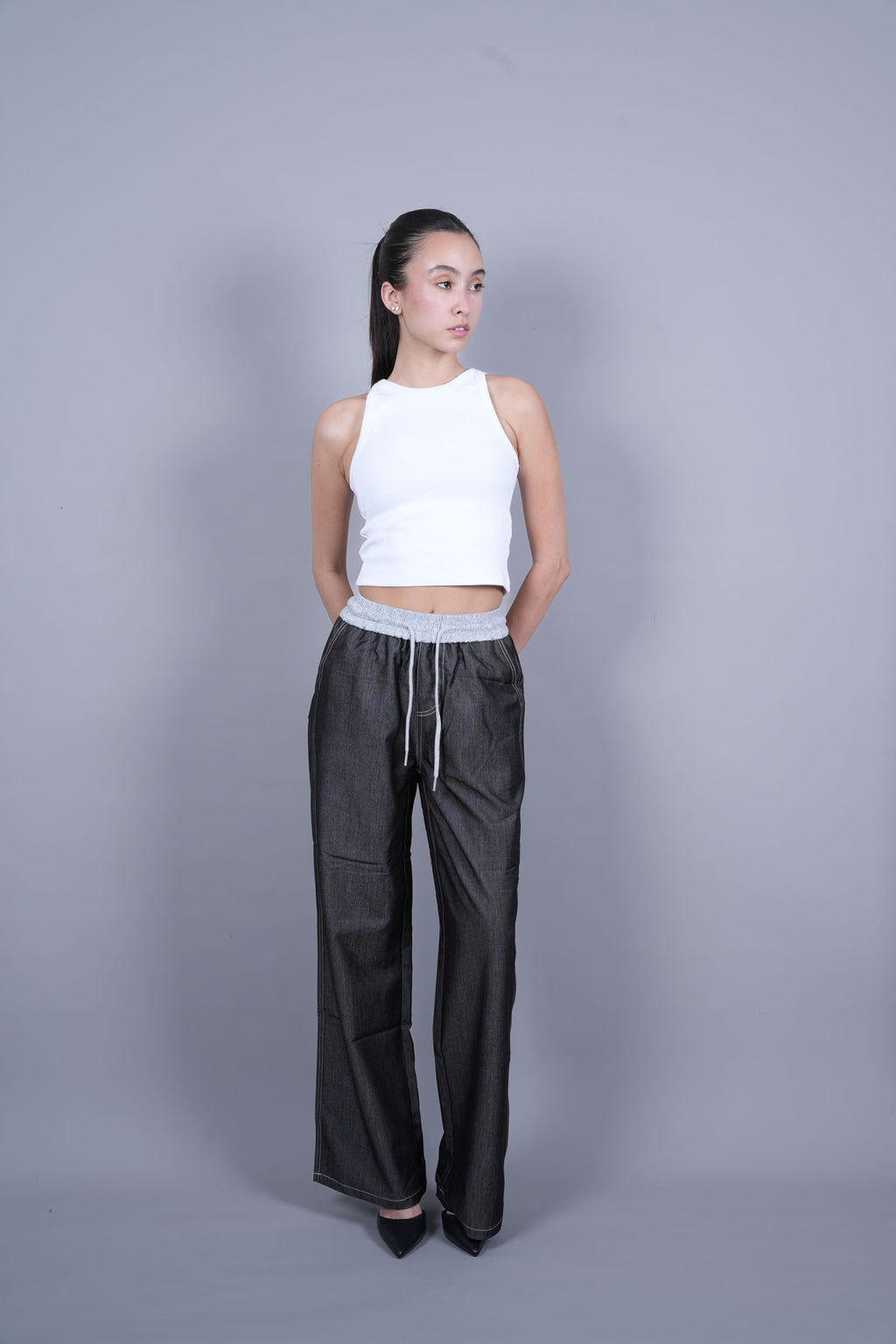 GREY ELASTIC WAIST DENIM-LOOK TROUSERS