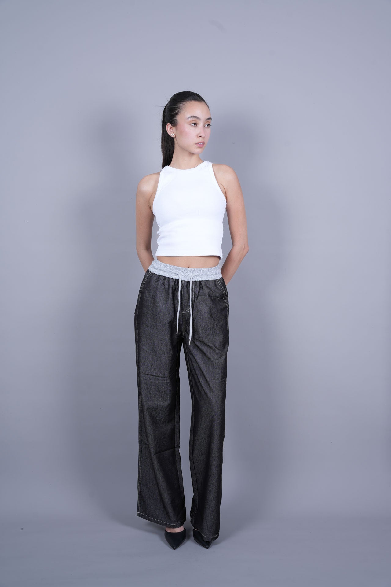 GREY ELASTIC WAIST DENIM-LOOK TROUSERS