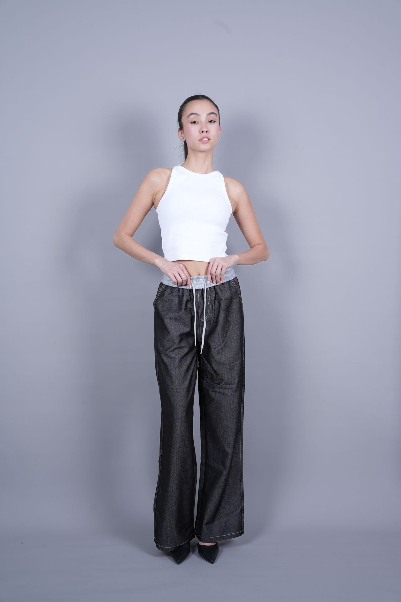 GREY ELASTIC WAIST DENIM-LOOK TROUSERS