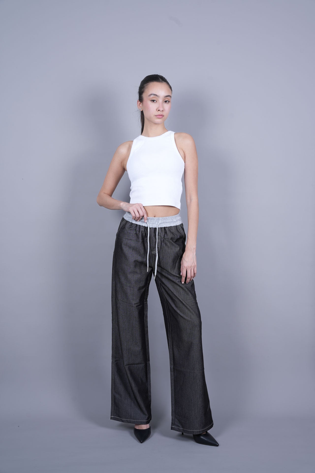 GREY ELASTIC WAIST DENIM-LOOK TROUSERS