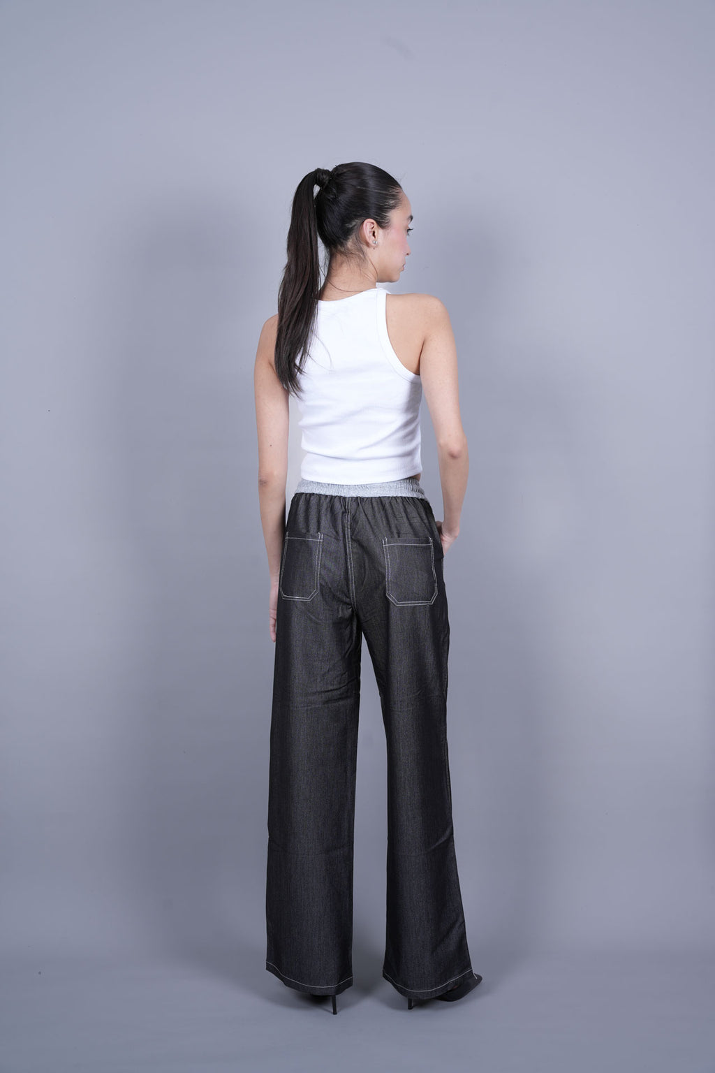 GREY ELASTIC WAIST DENIM-LOOK TROUSERS
