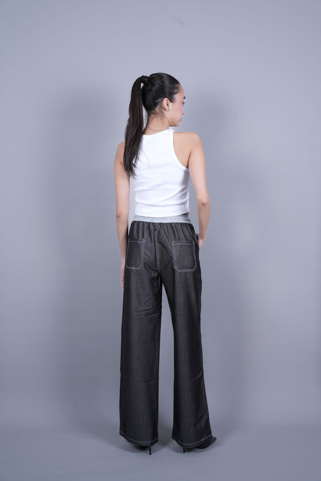 GREY ELASTIC WAIST DENIM-LOOK TROUSERS