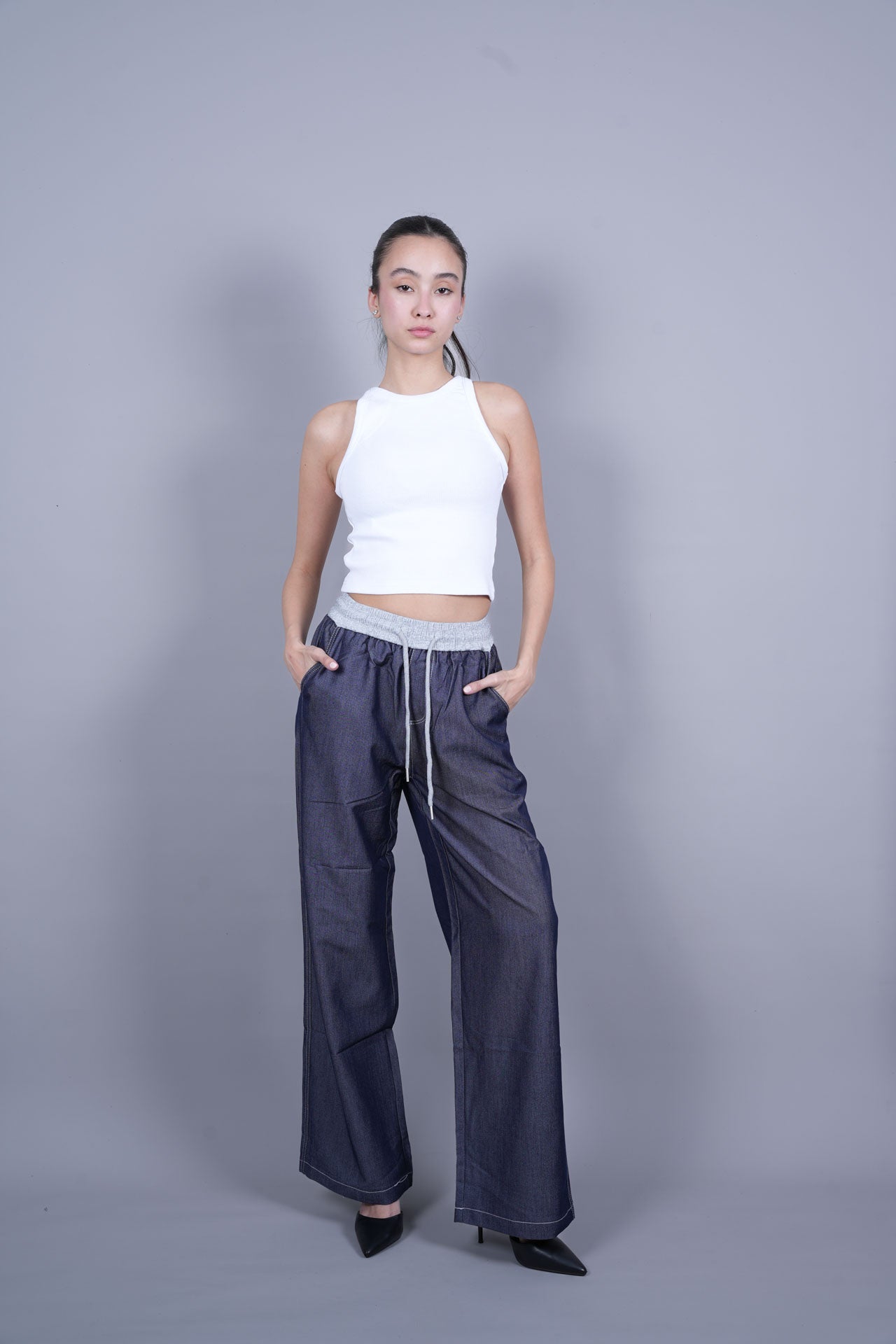 BLUE ELASTIC WAIST DENIM-LOOK TROUSERS