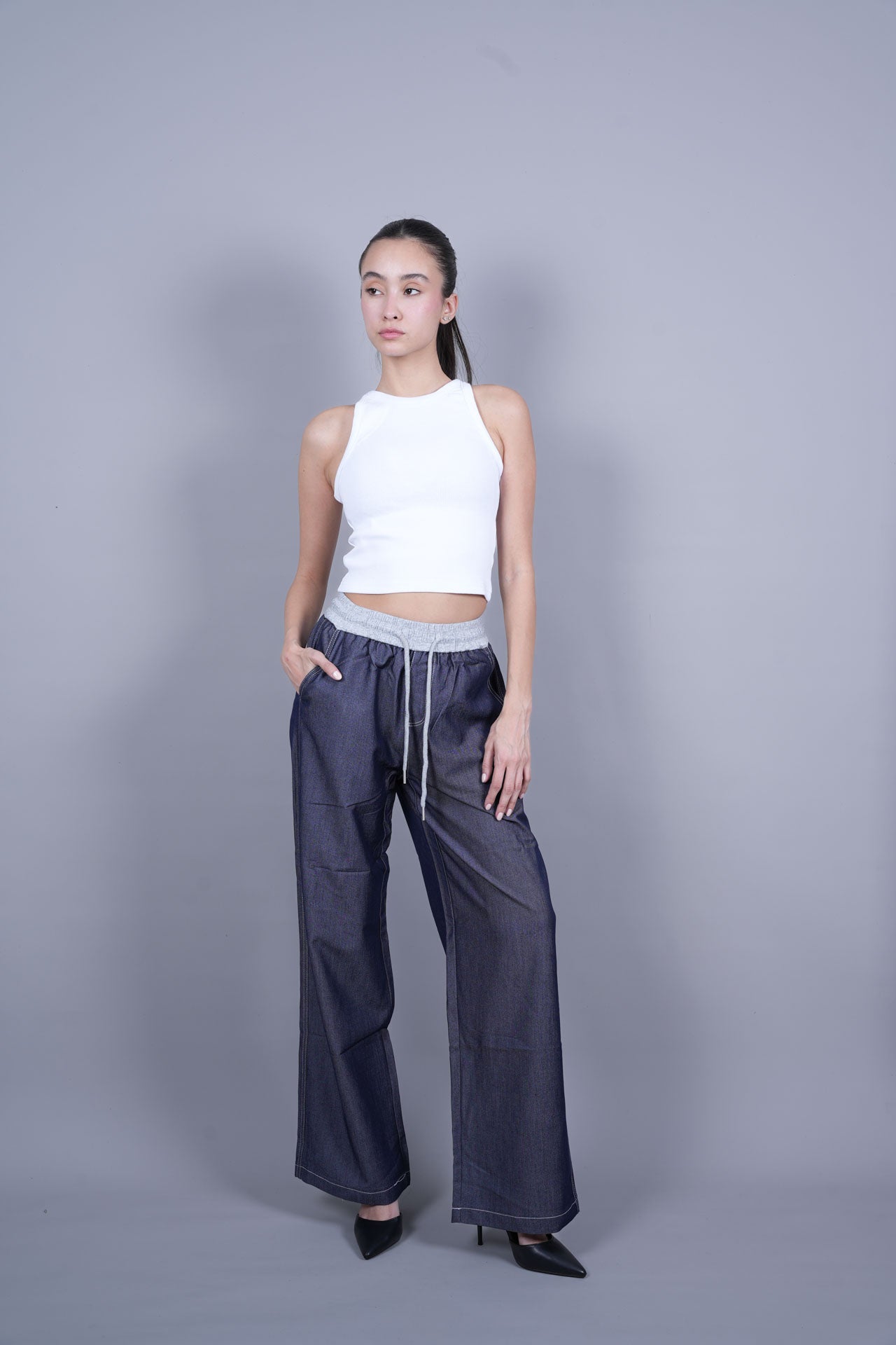 BLUE ELASTIC WAIST DENIM-LOOK TROUSERS