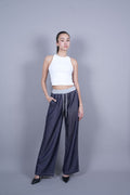 BLUE ELASTIC WAIST DENIM-LOOK TROUSERS