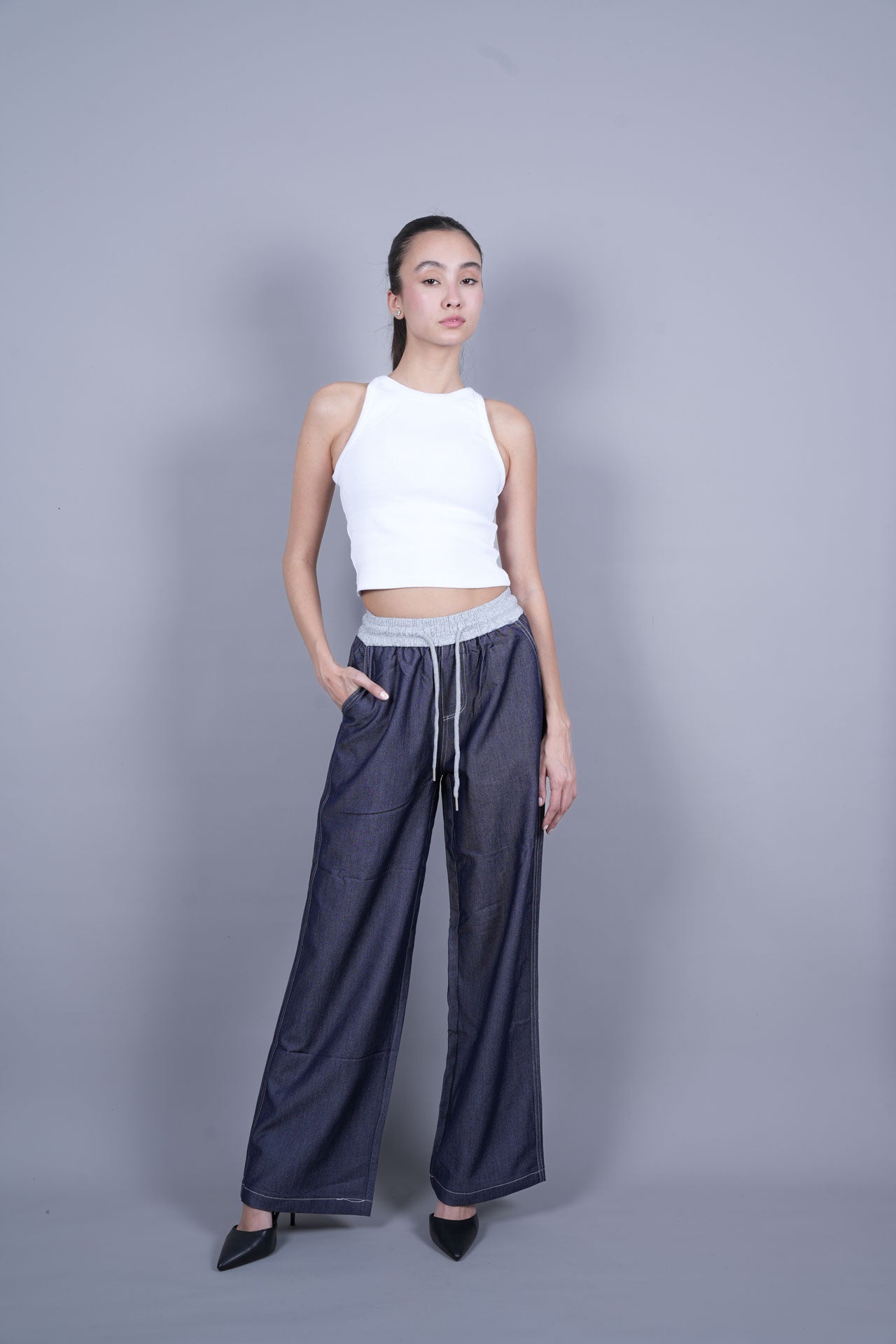 BLUE ELASTIC WAIST DENIM-LOOK TROUSERS