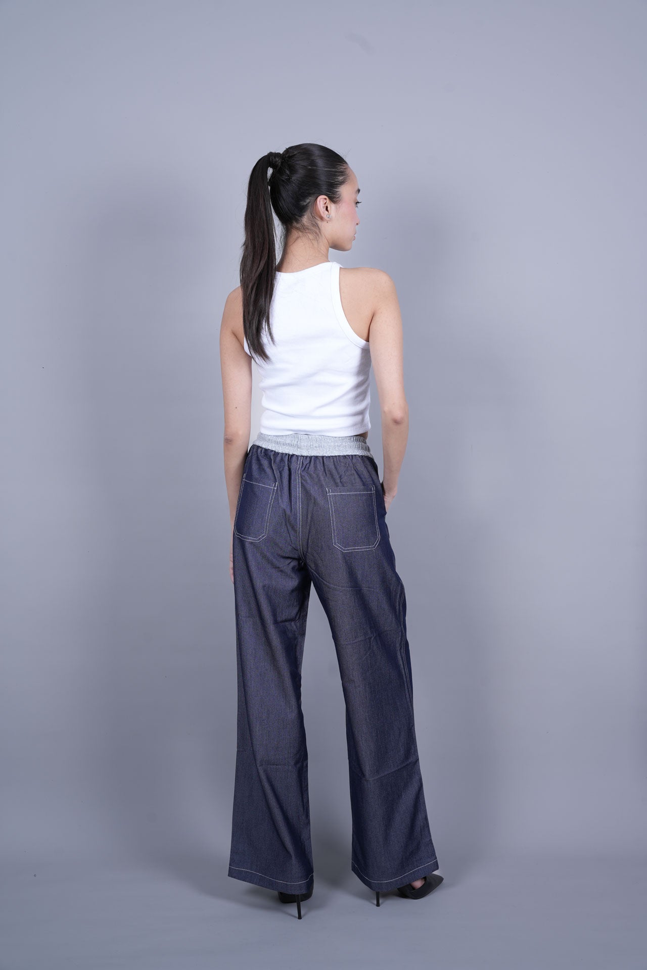 BLUE ELASTIC WAIST DENIM-LOOK TROUSERS