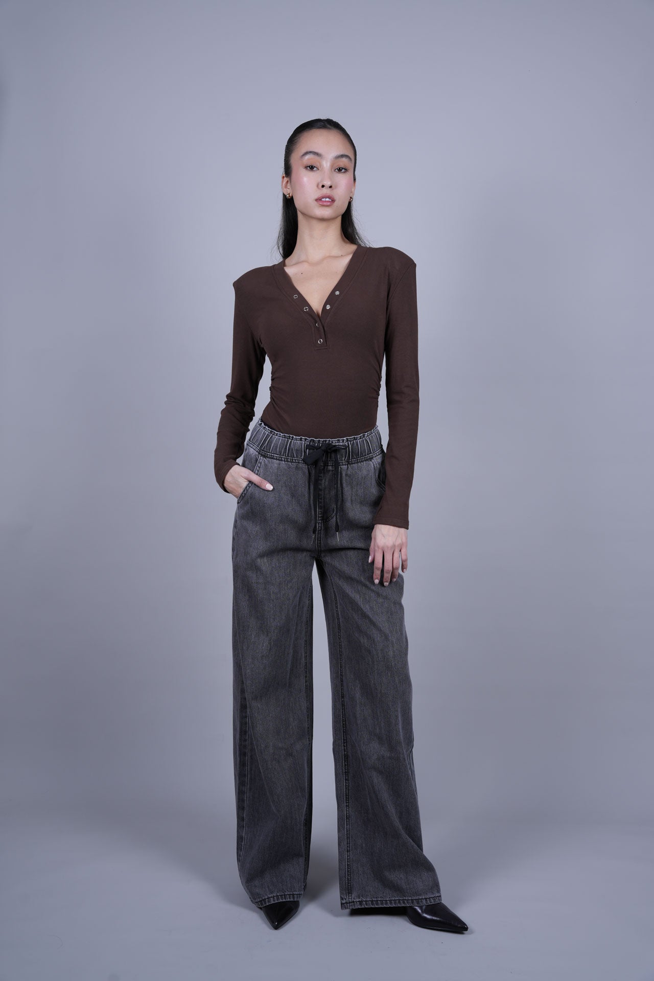 DRAWSTRING WIDE LEG DENIM JEANS