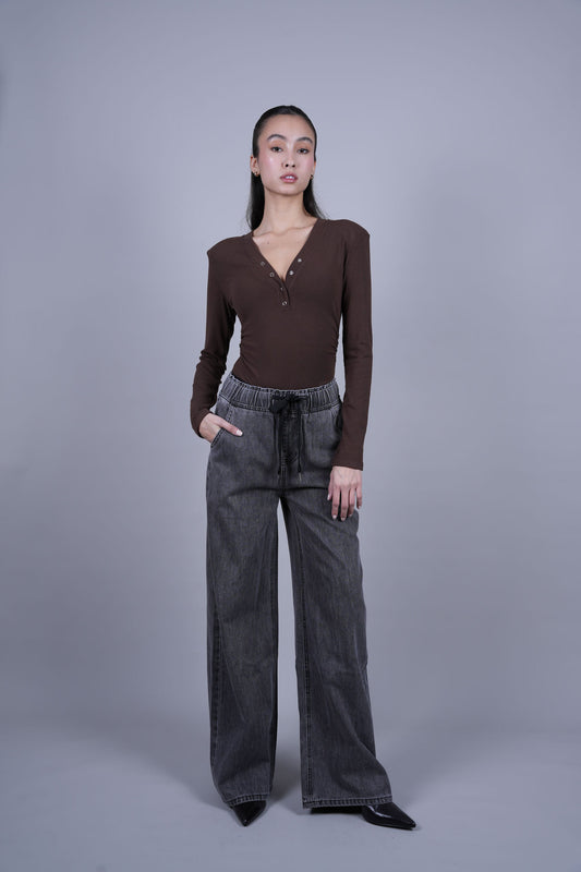 DRAWSTRING WIDE LEG DENIM JEANS