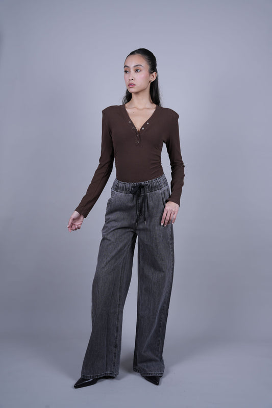 DRAWSTRING WIDE LEG DENIM JEANS