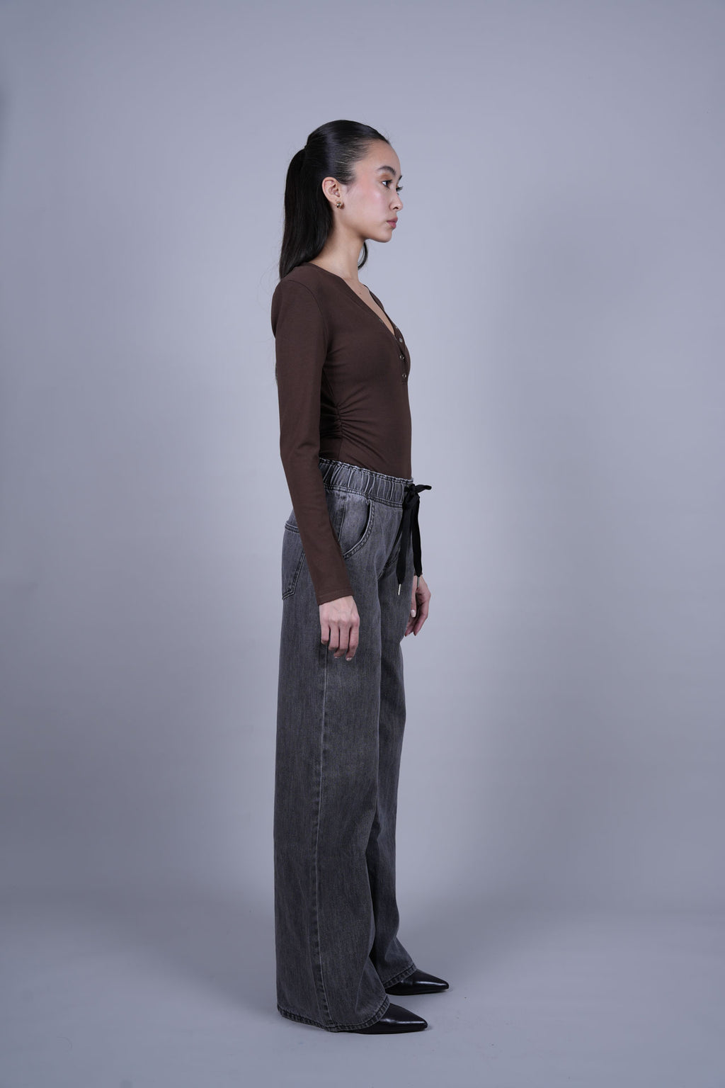DRAWSTRING WIDE LEG DENIM JEANS