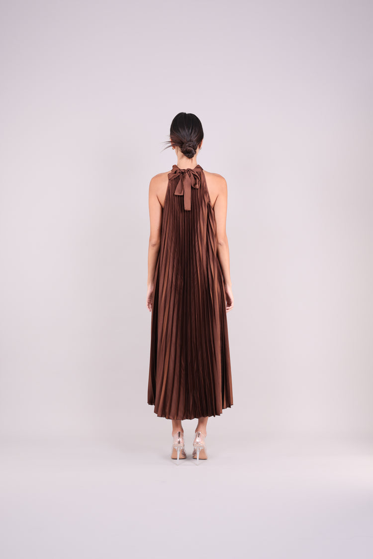 HALTER NECK PLEATED SATIN MIDI DRESS