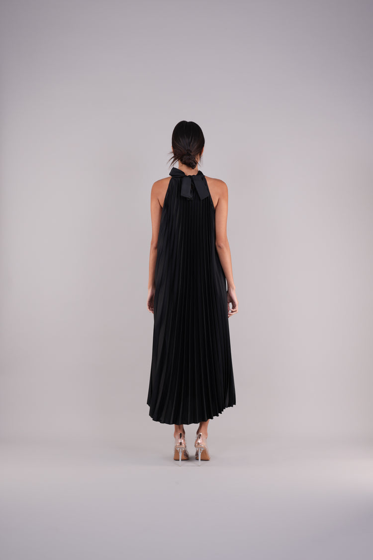 HALTER NECK PLEATED SATIN MIDI DRESS