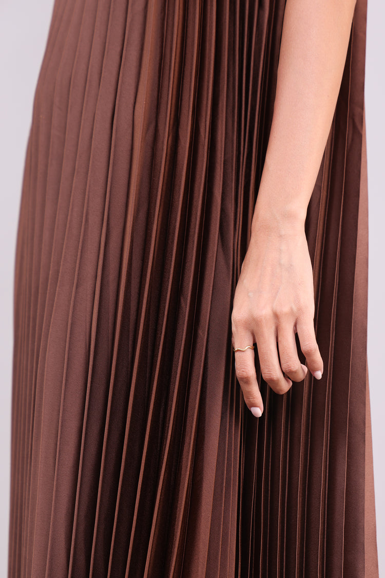 HALTER NECK PLEATED SATIN MIDI DRESS