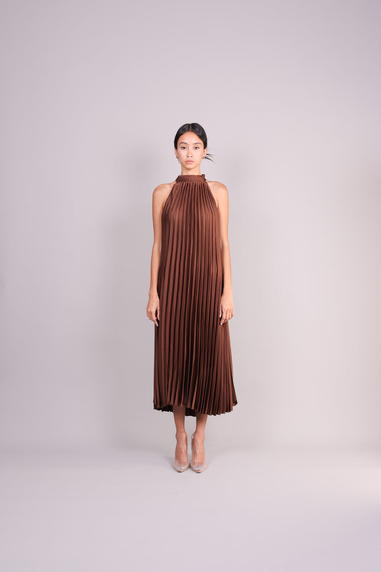 HALTER NECK PLEATED SATIN MIDI DRESS