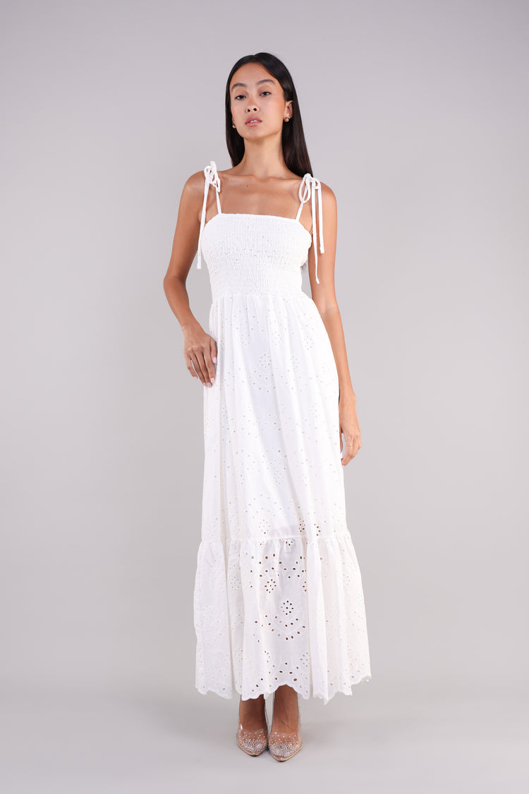 WHITE TIE-STRAP MAXI DRESS