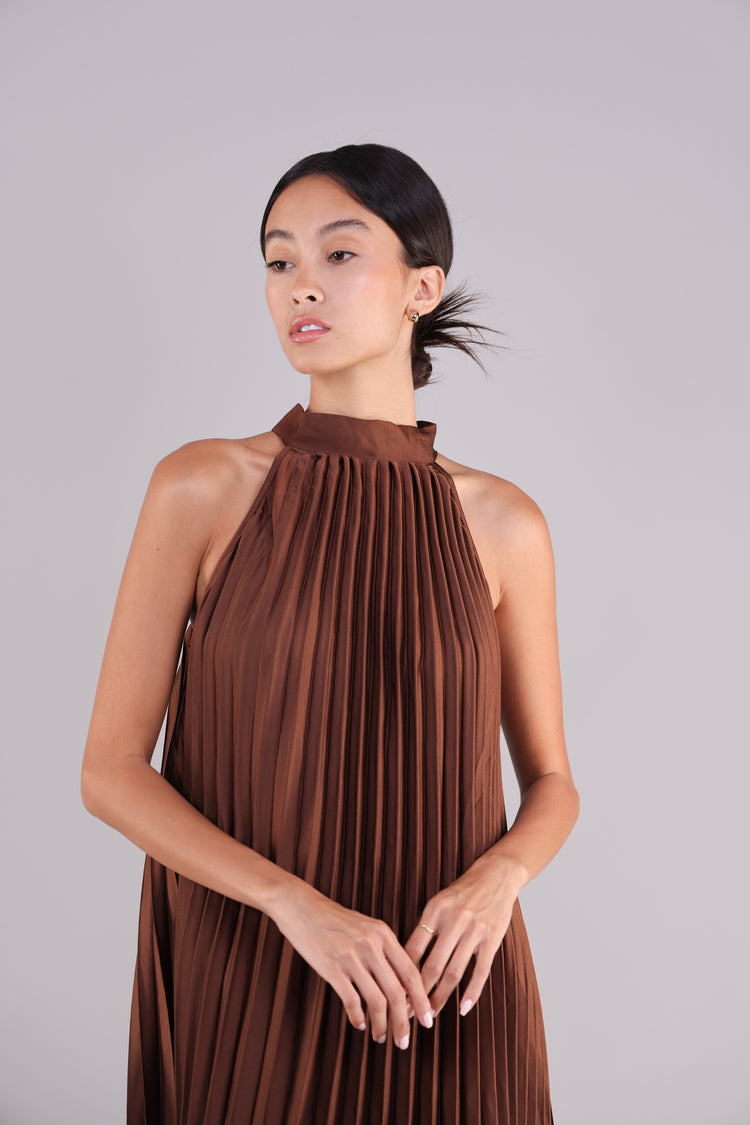 HALTER NECK PLEATED SATIN MIDI DRESS