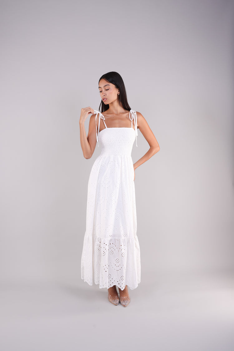 WHITE TIE-STRAP MAXI DRESS
