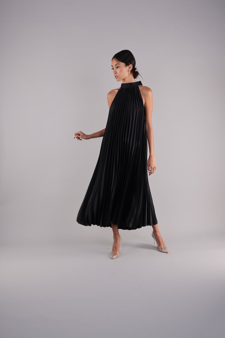 HALTER NECK PLEATED SATIN MIDI DRESS
